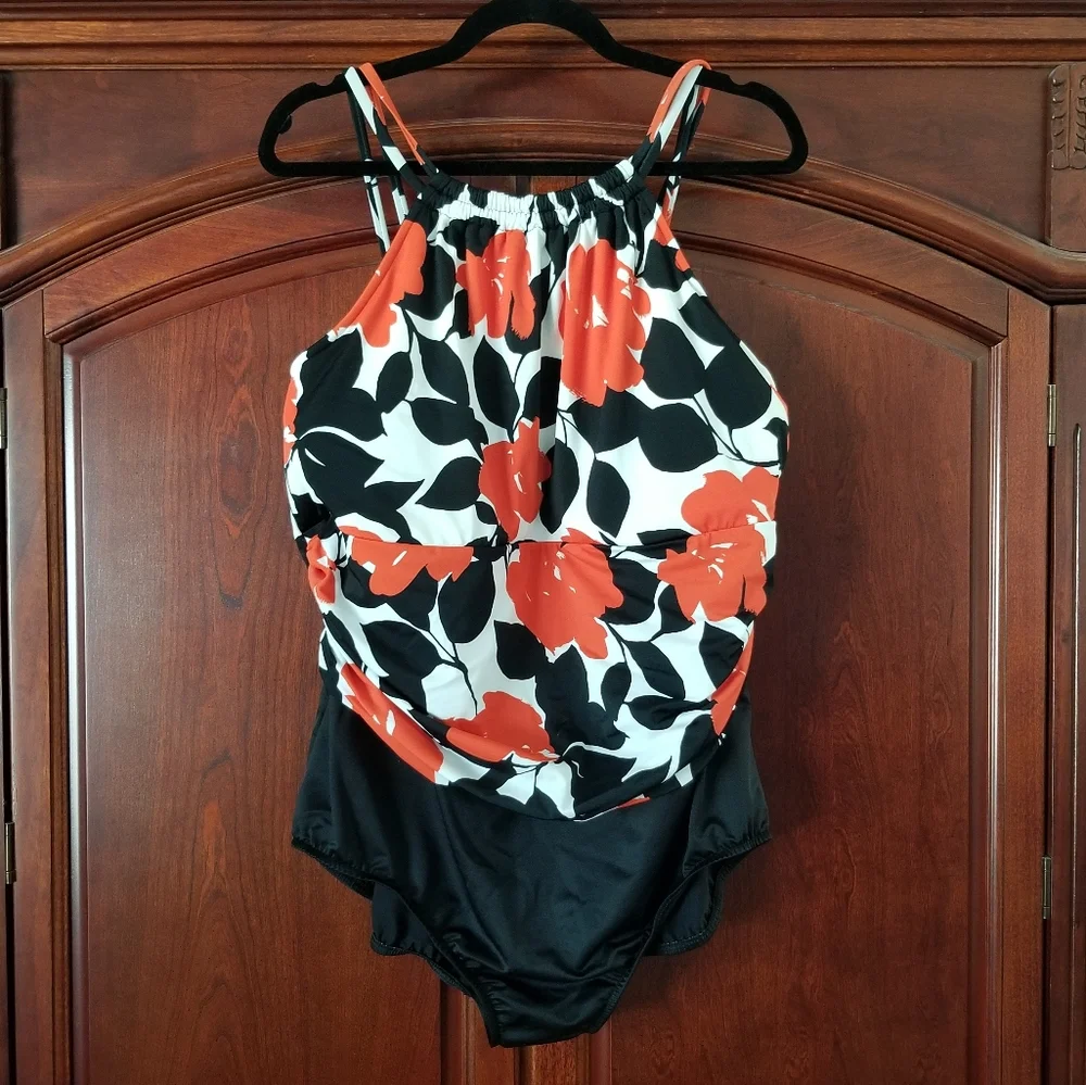 MagicSuit by Miraclesuit One Piece Orange Floral Tropical Swimsuit Size 24W
